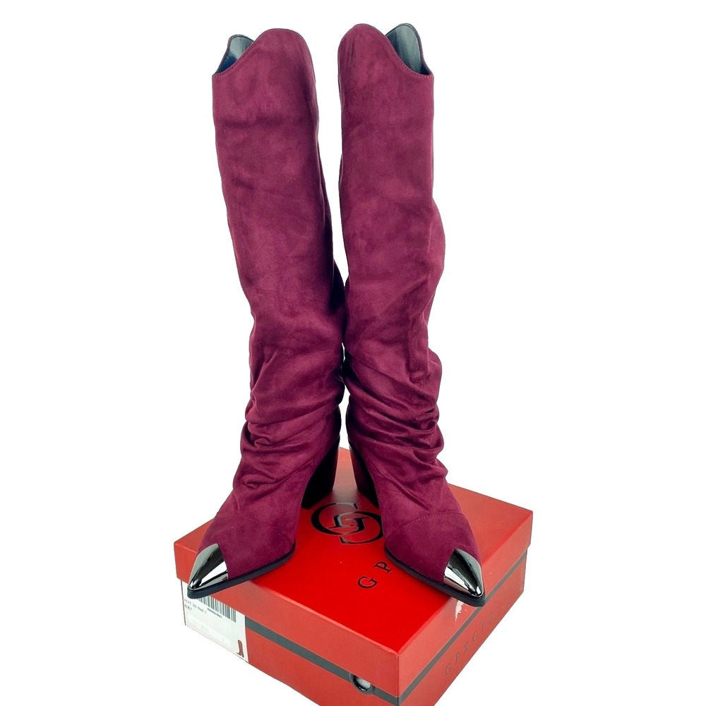 New GPXGPX Knee High Boots Womens 7 Faux Suede Metal Toe Slouchy Red Magenta New